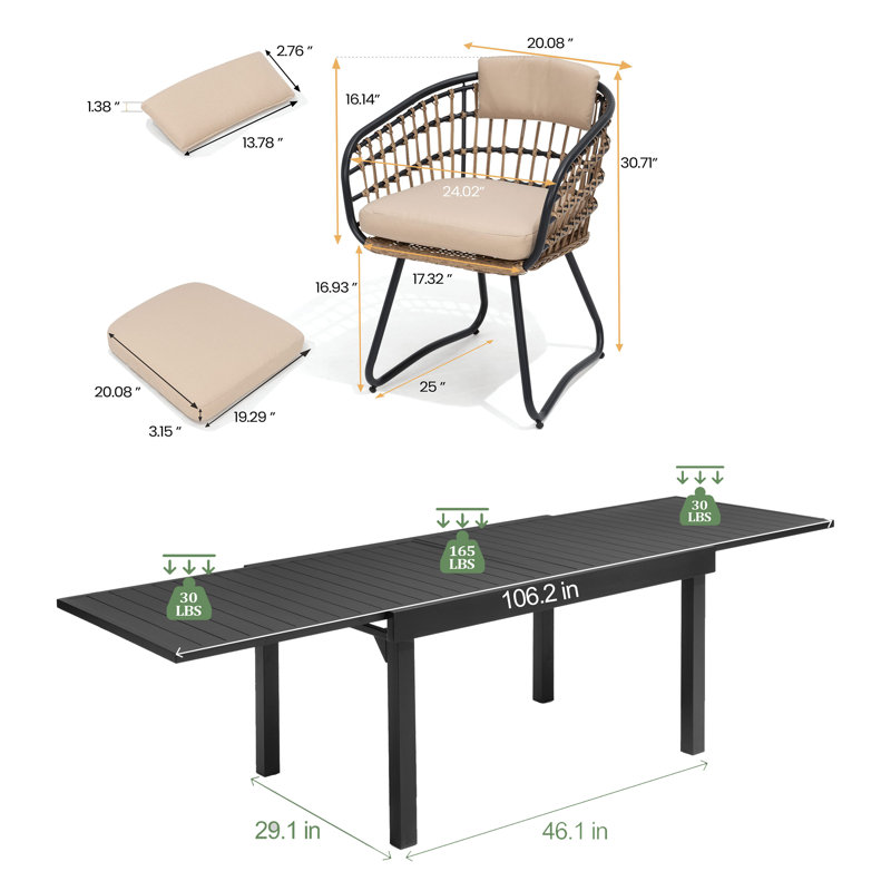 Warran 10 - Person 106’’L Patio Dining Set with Beige Cushions and Extendable Aluminum Table, Beige