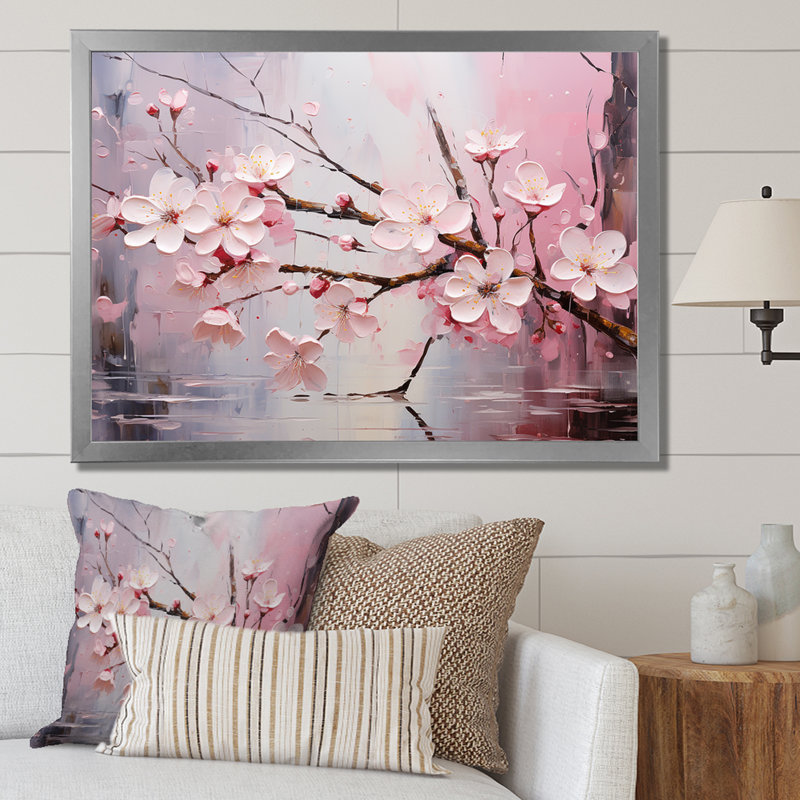 White And Pink Cherry Tree Bloom V - Cherry Wall Art, 12" H x 20" W x 1" D, Silver Closed Corner Framed