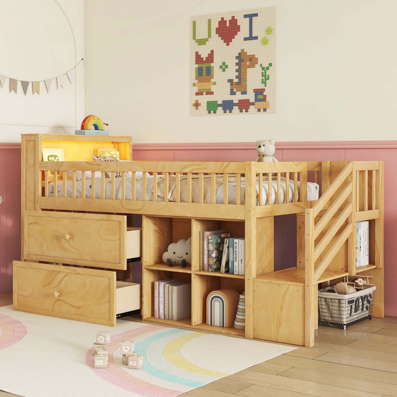 Wood Low Loft Bed with Stairs, Natural