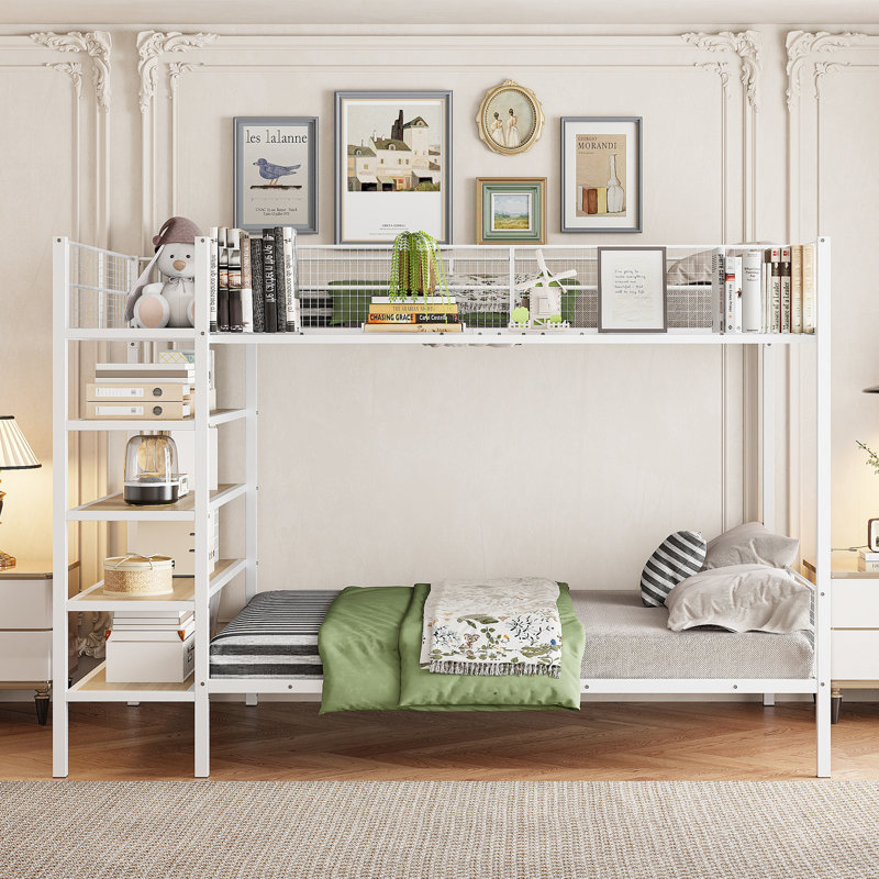 Lit superposé simple au-dessus d'un lit double en métal avec tablettes à 5 niveaux, Blanc