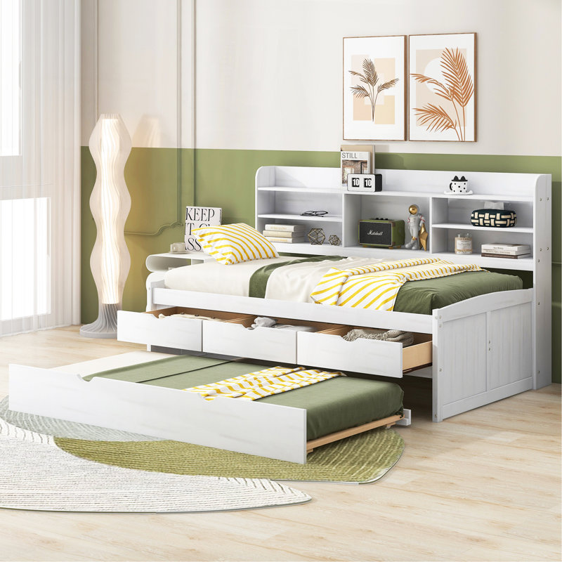 Lit capitaine simple en bois avec étagères intégrées, Blanchies