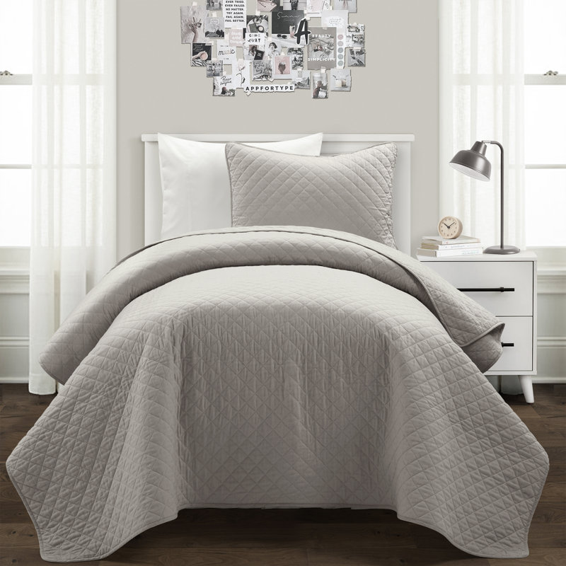 Ensemble de courtepointe standard moderne et contemporaine en coton à motif de losange Ava Diamond, Gris