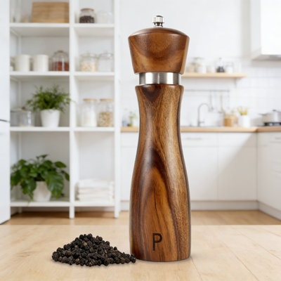 Ensemble de moulins à sel et à poivre en bois d'acacia de qualité supérieure avec noyau en céramique - grosseur réglable, moulins rechargeables, mécanisme en acier inoxydable, taille de 8 pouces