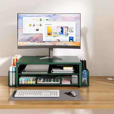 2-Tier Monitor Stand Riser With Drawer & 2 Pen Holders, Desk Organizer & Laptop Stand For Office Supplies (Dark Green)
