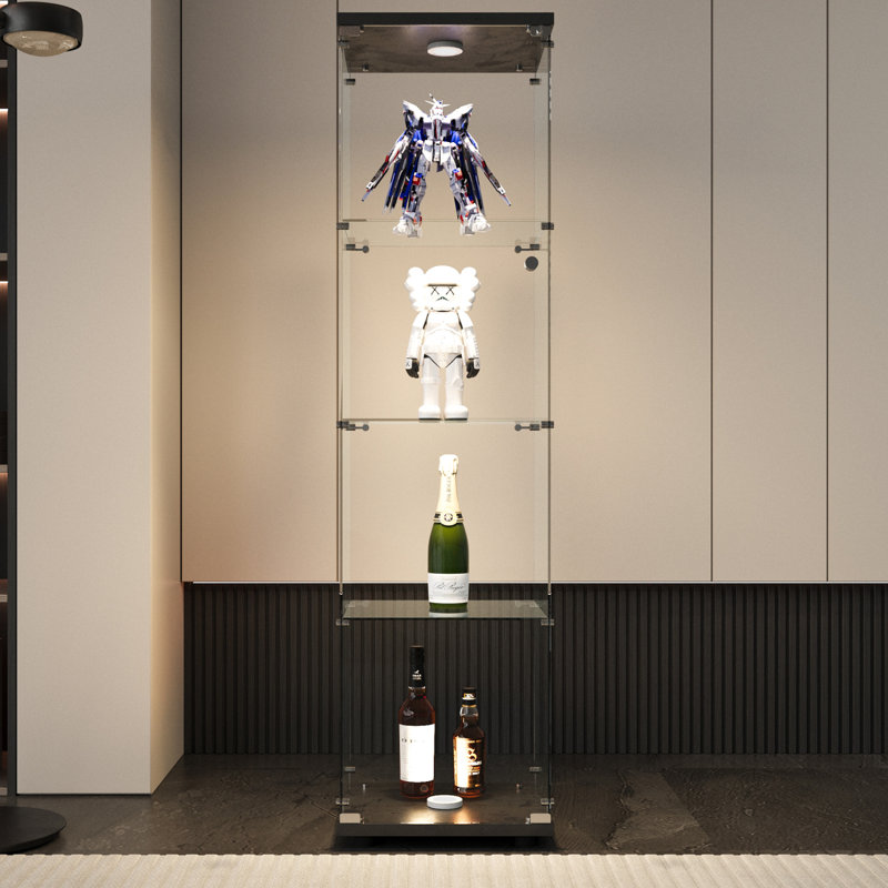 LED Lights Glass Display Cabinet 4 Shelves With Door, Floor Standing Curio Bookshelf