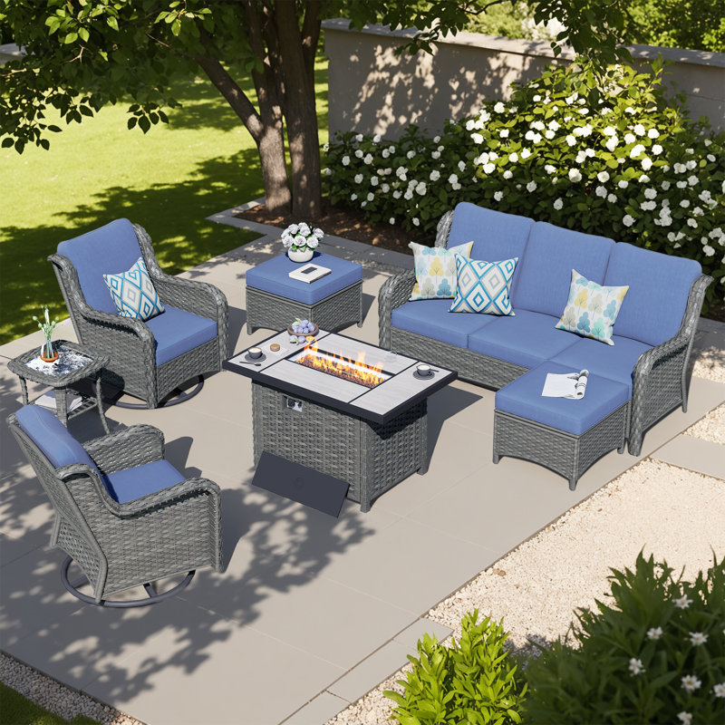 Tommy Wicker 5 - Person Patio Conversation Set with Cushions, Denim Blue