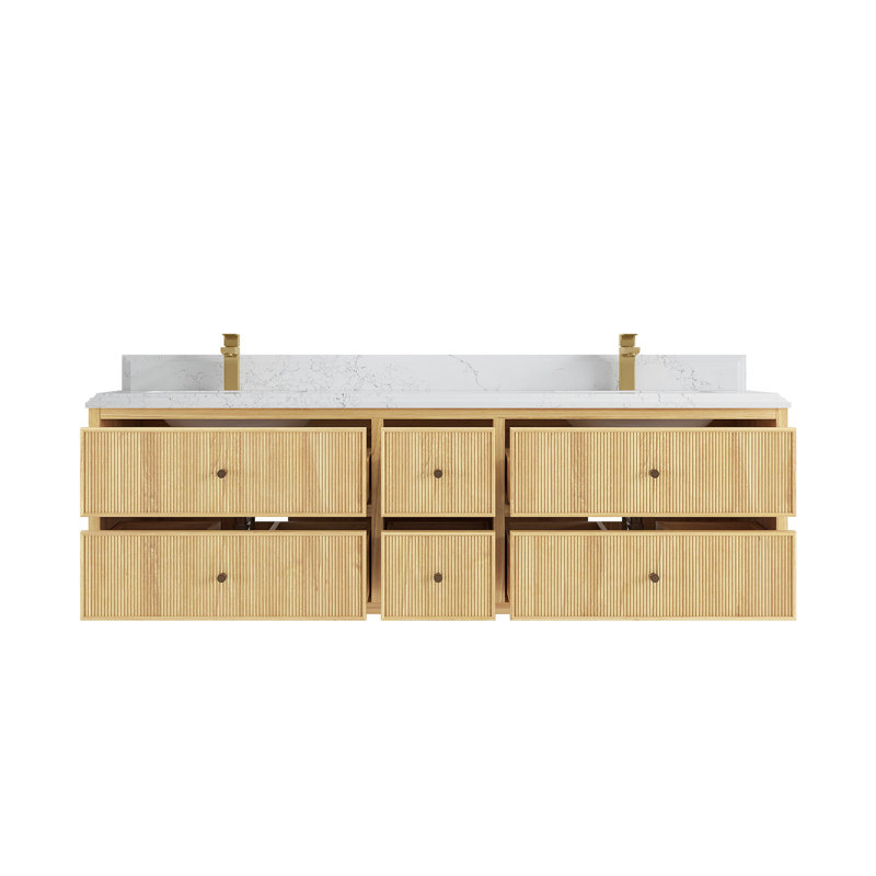 Light Natural Teak Double Sink Freestanding Vanity with Quartz Top
