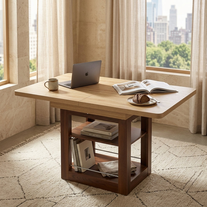 Table de salle à manger rectangulaire extensible 59 "à 71" avec base à piédestal de rangement, sièges 4-8
