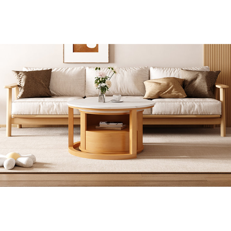 Table basse gigogne ronde avec plateau en marbre blanc, rangement à 2 niveaux et 1 tiroir, naturel, 28,5 po
