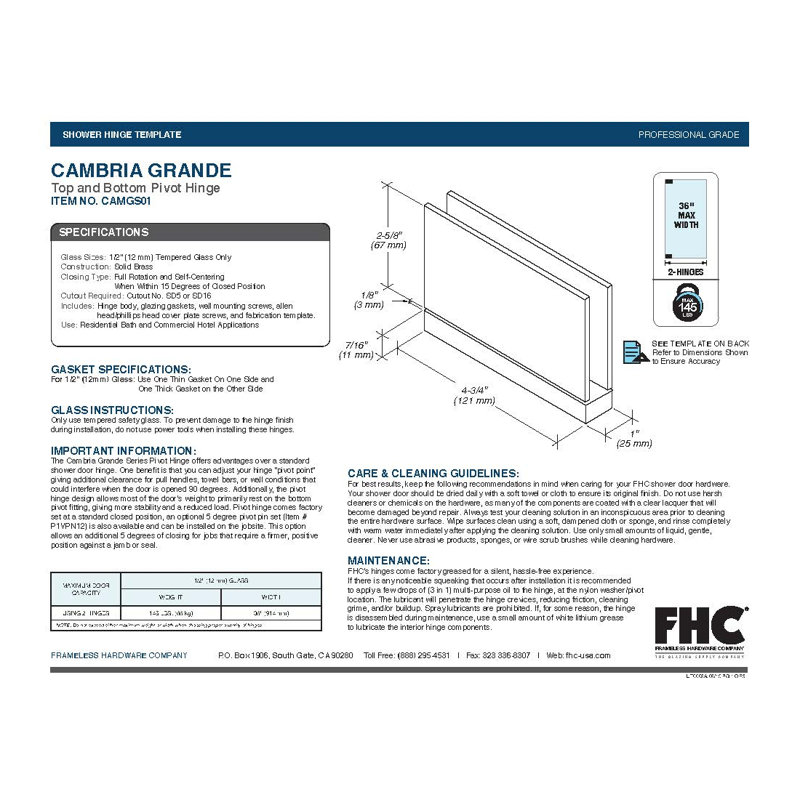 FHC CAMGS010RB Charnière pivotante supérieure ou inférieure Cambria Grande Series - bronze huilé, Bronze