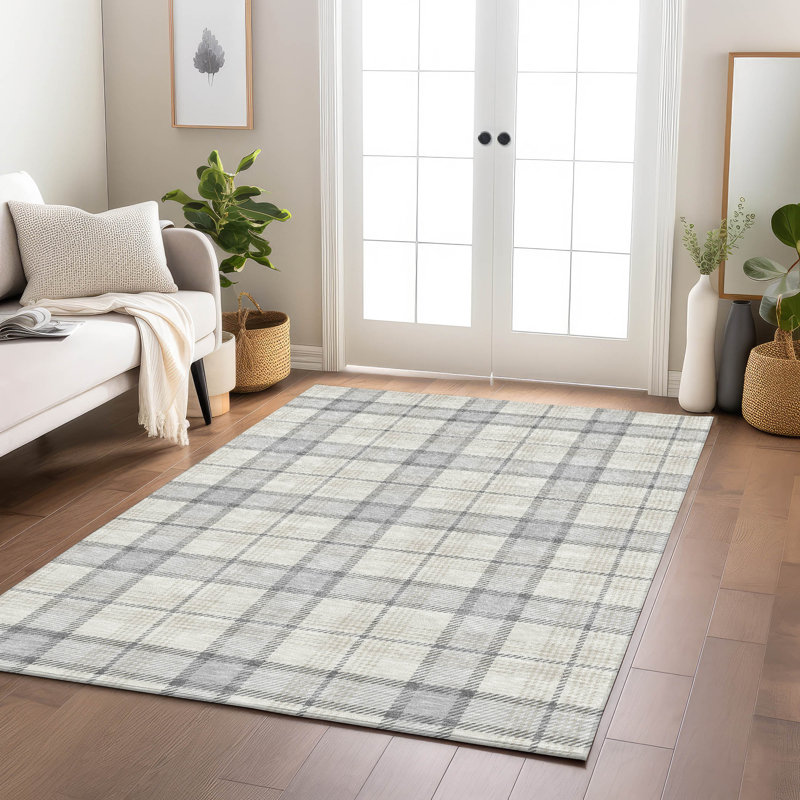 Silver Rectangular Washable Synthetic Plaid Area Rug 46" x 30"