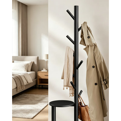 Portemanteau, portemanteau autoportant avec 8 crochets et tablette de rangement, base en bois massif, support de 66,3 po de hauteur pour manteaux, chapeaux, sacs dans le vestibule, la chambre à coucher, le salon, noir
