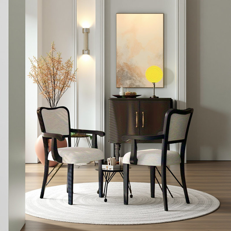 Set Of 2 Finish Upholstered Dining Armchairs, Traditional Fabric Side Chairs With Curved Back & Padded Armrests, Black
