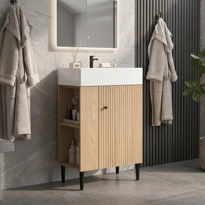 Wave Pattern Bathroom Vanity with Ceramic Sink & Side Storage
