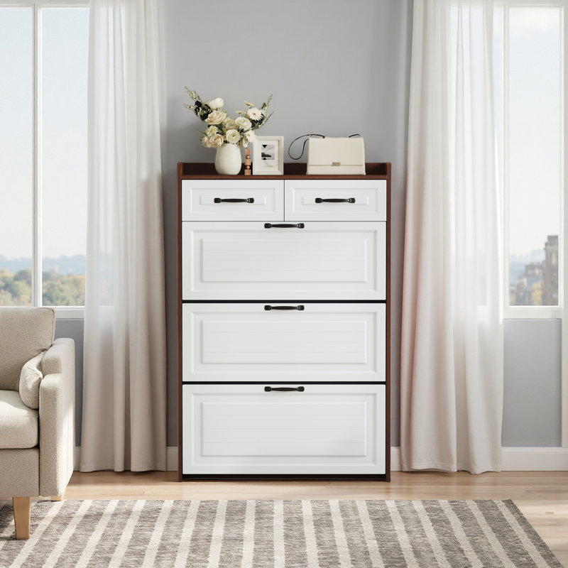 Range-chaussures, 3 portes et 2 tiroirs, porte en PVC, grand espace de rangement, Noyer
