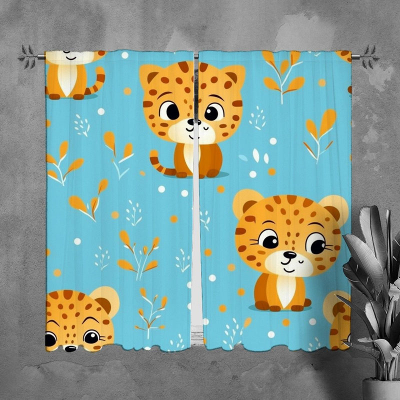 Cheetah Window Curtains Animals Drapes Blue/Orange, L 20 po x L 82 po