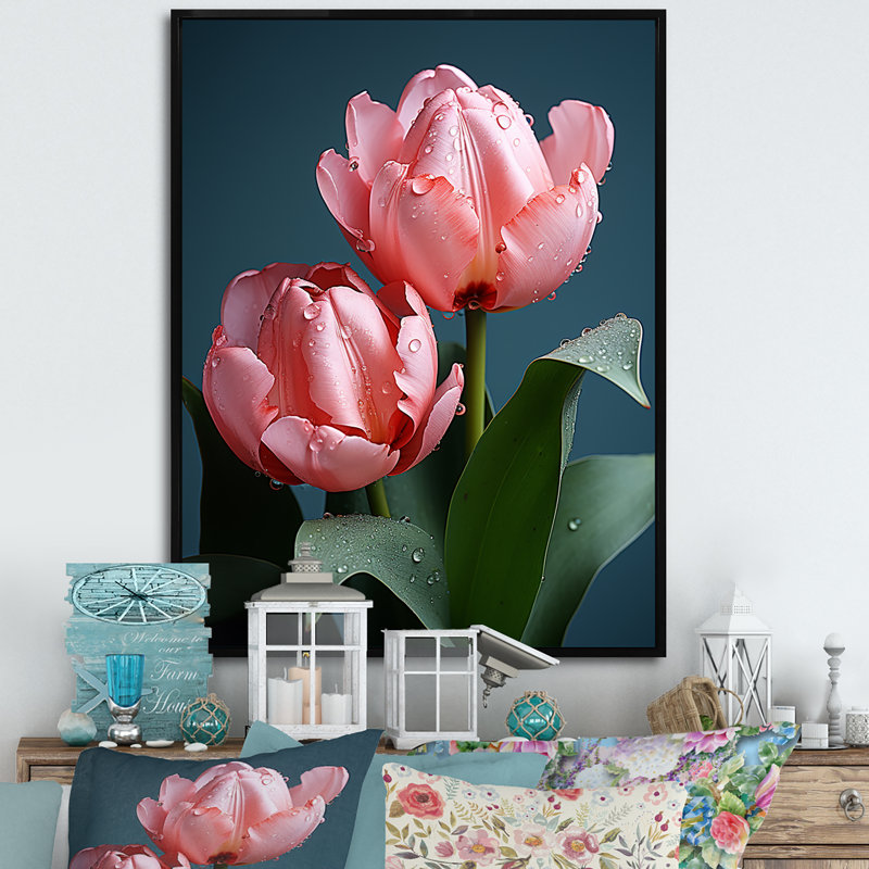 «Minimalims Pink Tulip Blooms», Cadre simple noir, H 44 po x l 34 po x P 1,5 po