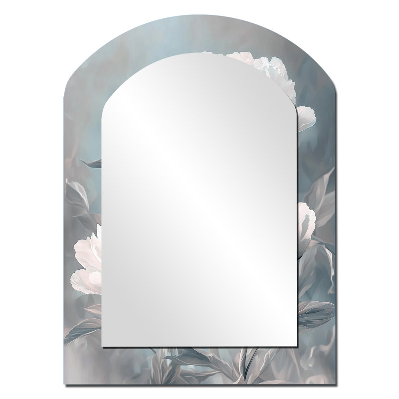 Gris gris clair de lune - miroir mural arche pivoines, miroir décoratif asymétrique gris, impression d'art en métal