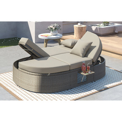 TOPMAX Outdoor Sun Bed Patio 2-Person Daybed with Cushions and Pillows, Rattan Garden Reclining Chaise Lounge with Adjustable Backrests and Foldable Cup Trays for Lawn,Poolside, Gray