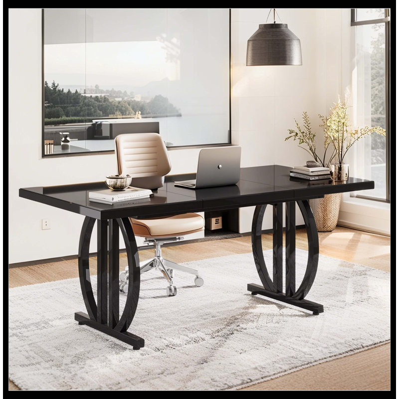 Bureau de direction 63 po, bureau d'ordinateur moderne avec base géométrique en métal