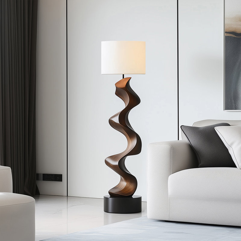 White + Brown + Black Linen + Solid Wood Free form Floor Lamps