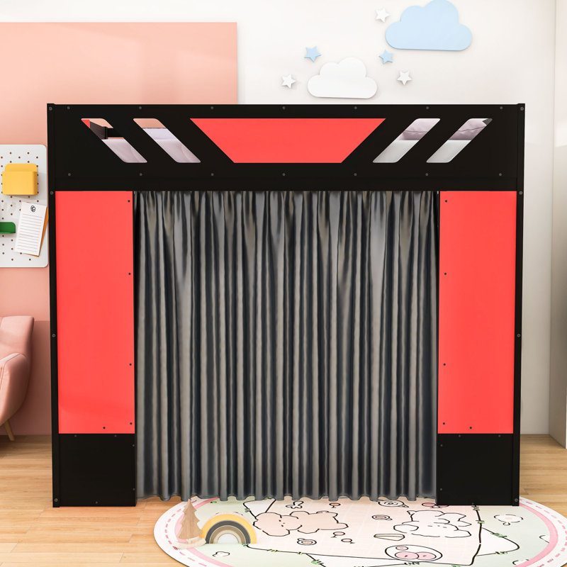 Lit mezzanine double en bois avec bureau, tablettes, port USB et lumières RVB, Noir / Rouge