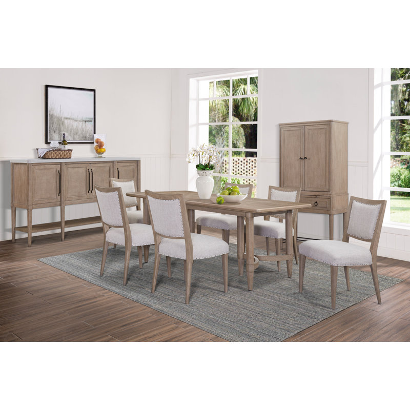 Dana Heights 7-Piece Dining Set – Triad Table with Upholstered Chairs, Sand Finish