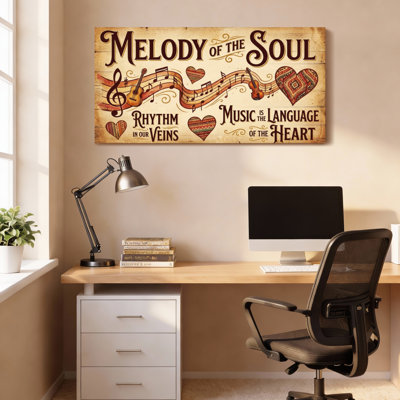 Melody of the Soul, notes de musique et cœurs, reproduction d'art sur toile tendue sur toile avec style rétro rustique pour salon, chambre à coucher ou studio de musique