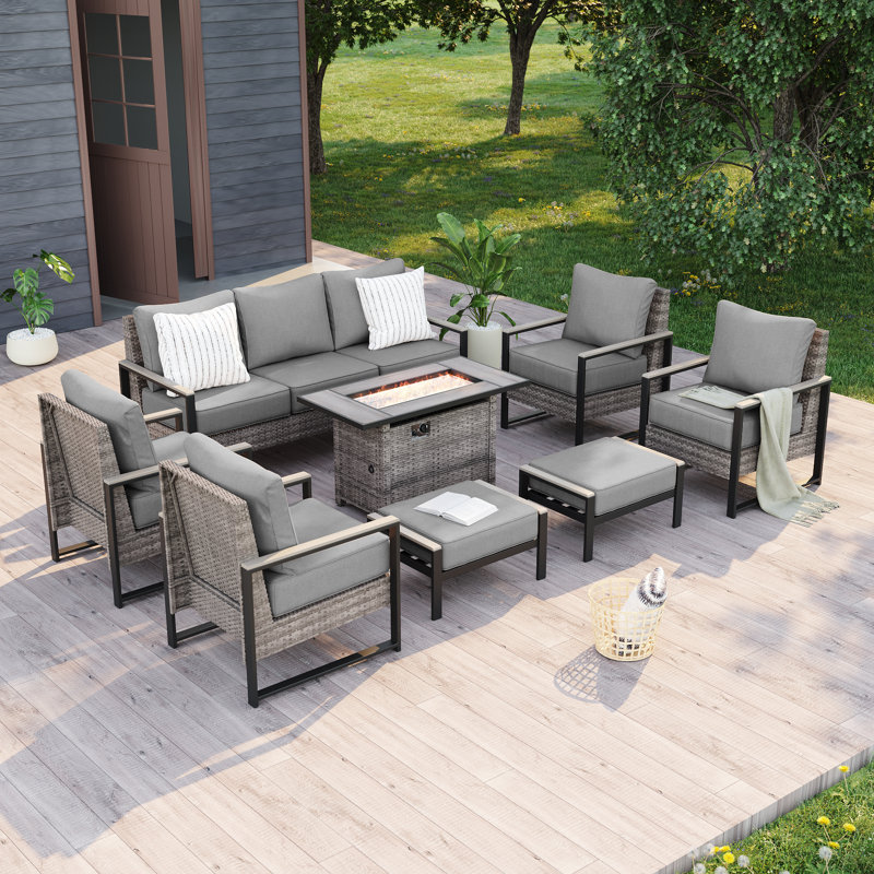 Ensemble de canapé de patio en rotin 8 pièces, canapé 3 places et table de foyer rectangulaire avec repose-pieds, Gris