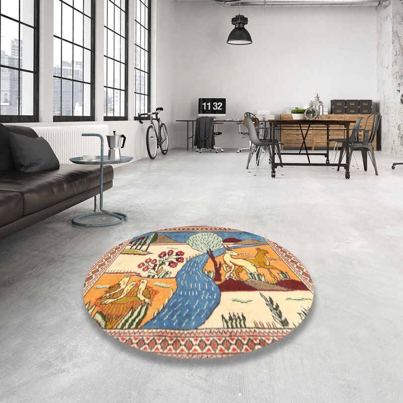 Tapis bleu / beige / rouge, Rond 3 pi