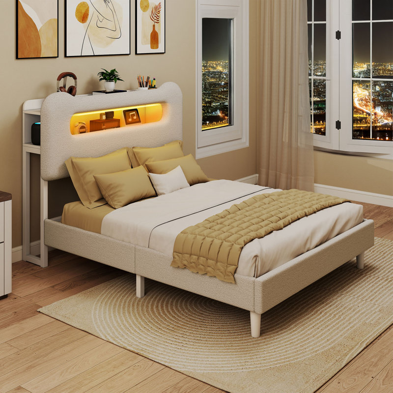 Upholstered Platform Bed with LED Lighting Included, Full, Pink