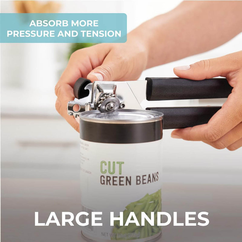 Can Opener, Stainless Steel And Rust Resistant Blade, Handheld Easy Turn Knob, Smooth Edge Cut On Lids, Large Handles With Bottle Top Openers