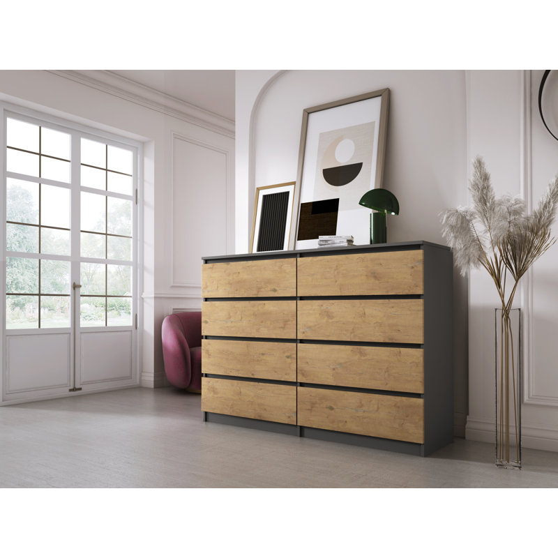 140 cm W Chest of 8 Drawers, Anthracite/Lancelot oak