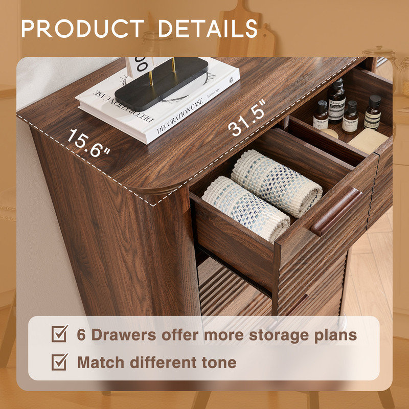 Commode 6 tiroirs de 45 po de hauteur avec design incurvé, commode à grain de bois moderne, rangement pour la chambre à coucher, le salon ou le vestibule