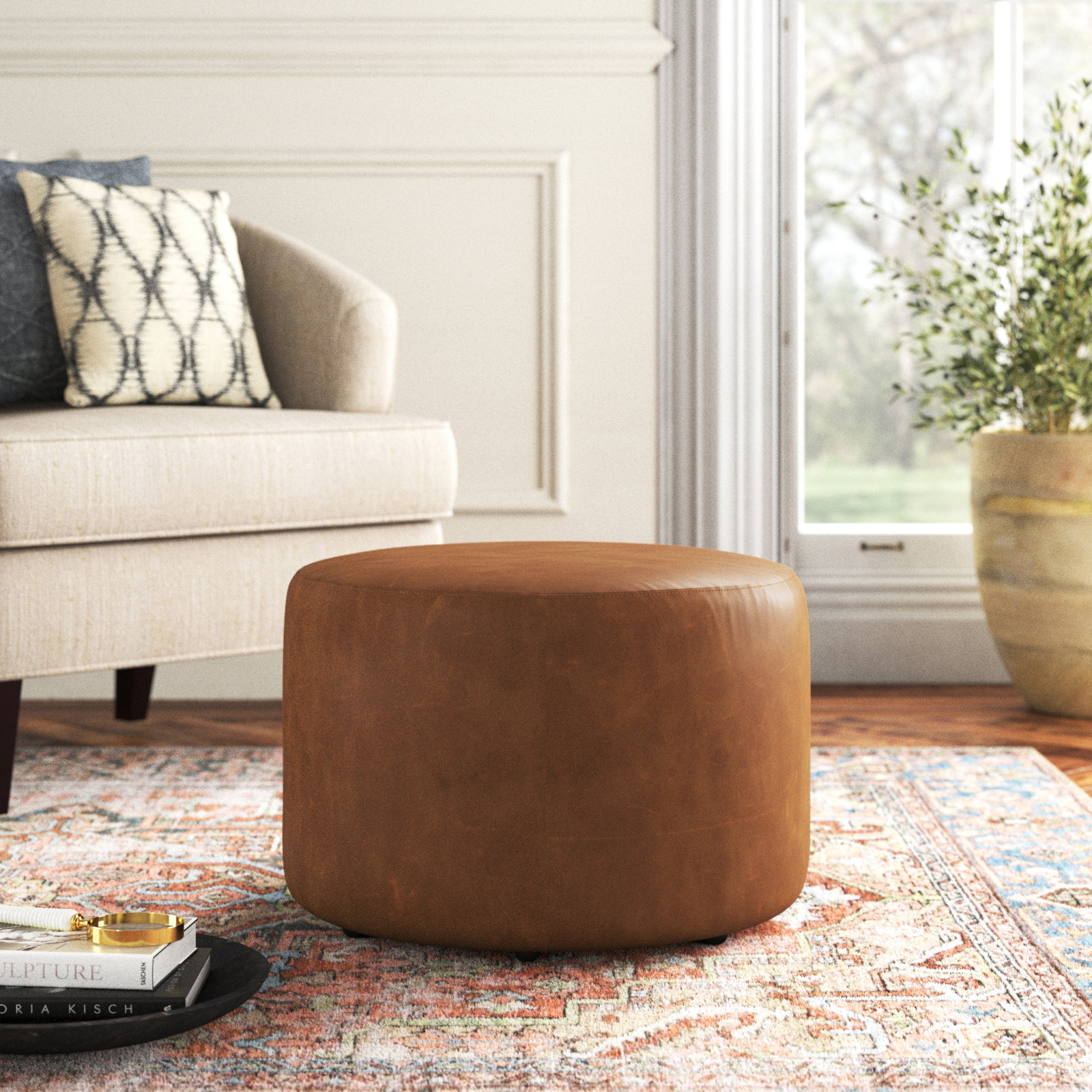 Danva 24" Genuine Leather Ottoman, Marseille Brown Genuine Leather