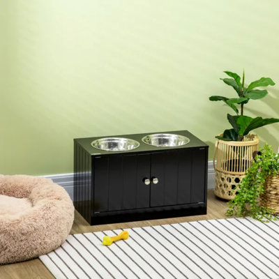 Black Raised Large Dog Feeding Station with Storage Cabinet, 2 Dishwasher-Safe Stainless Steel 67.6oz Bowls, Magnetic Closure Pet Supply Storage Cabinet for Large Dogs 21.75"-25.5" Shoulder Height