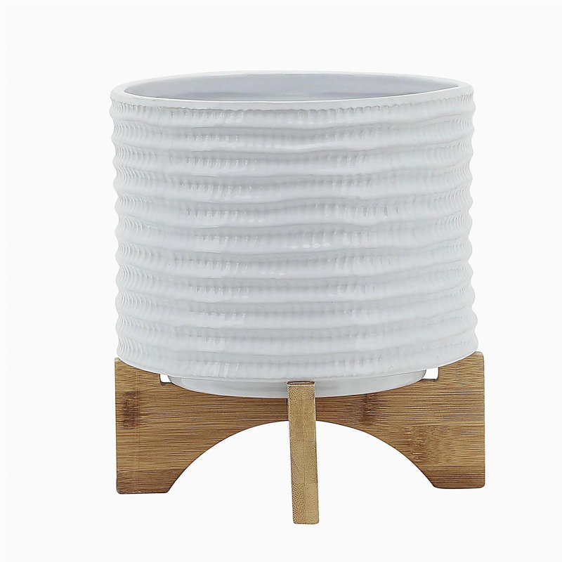 8" TEXTURED PLANTER W/ STAND, WHITE