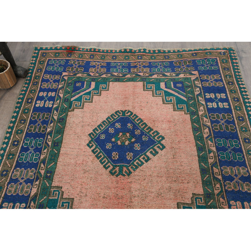 5.6x13.5 In Blue Wool Boho Rug, Geometric Pattern Large Rug