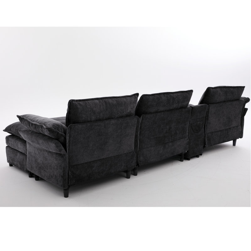 Canapé modulaire en U en forme de U, console de rangement et chargement sans fil, 2 porte-gobelets, haut-parleurs Bluetooth, 2 repose-pieds mobiles, main courante réglable, siège mobile, chenille, noir