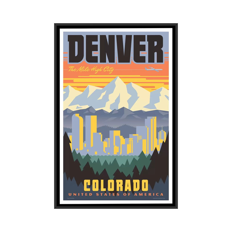 Affiche de voyage Denver par Jim Zahniser-reproduction d’art, H 26 po x l 18 po x 1,5 po, Toile avec cadre noir, Pas de tapis