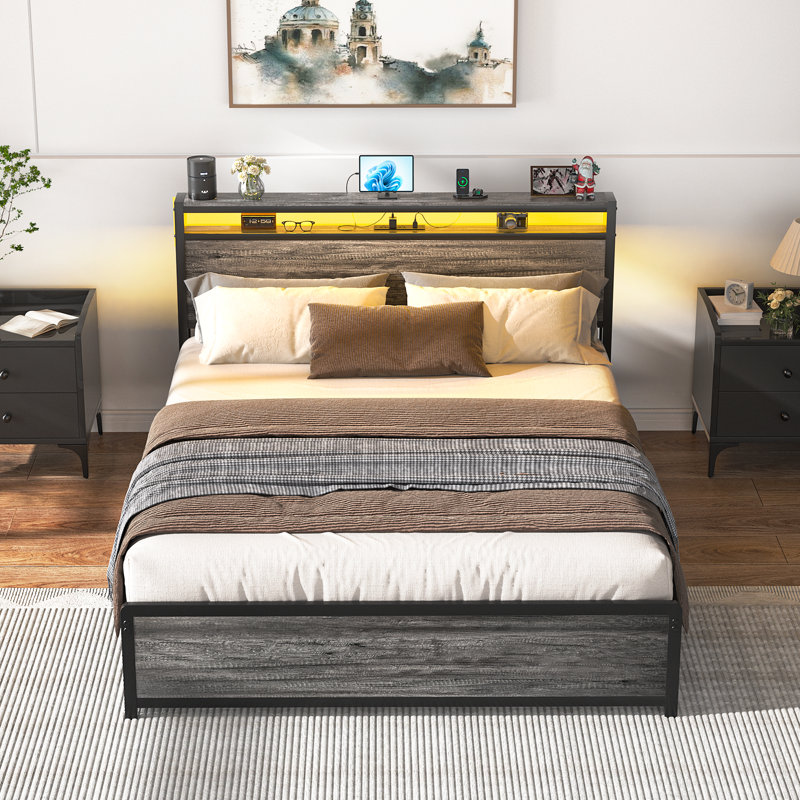 Base de lit avec 4 tiroirs et tête de rangement, Très grand, Gris