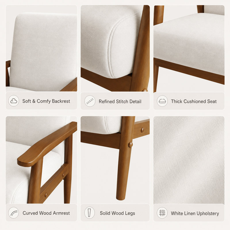 Bridgeview Mid Century Upholstered Accent Chair, White Linen