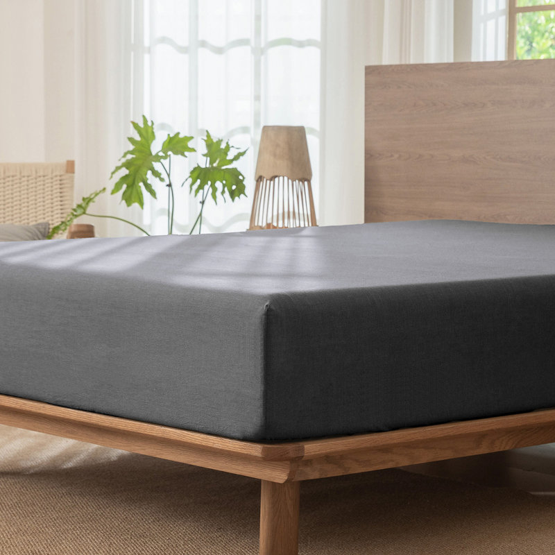 Drap-housse MooMee 100% coton lavé extra profond, Grand lit, Gris foncé