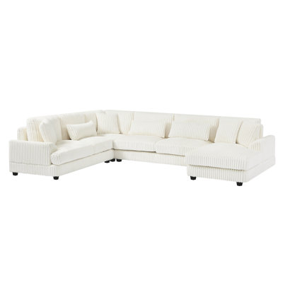 Beige Corduroy Sectional With Curved And Relaxing Area U-Shaped Fabric Removable Cushion