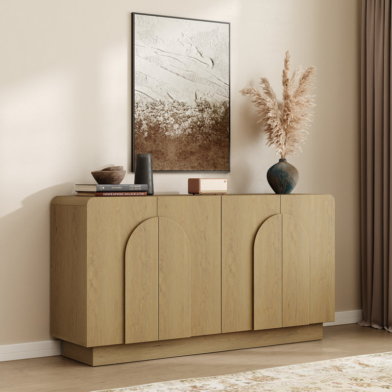 60" Curved Sideboard With Adjustable Shelf & 4 Doors, Oak