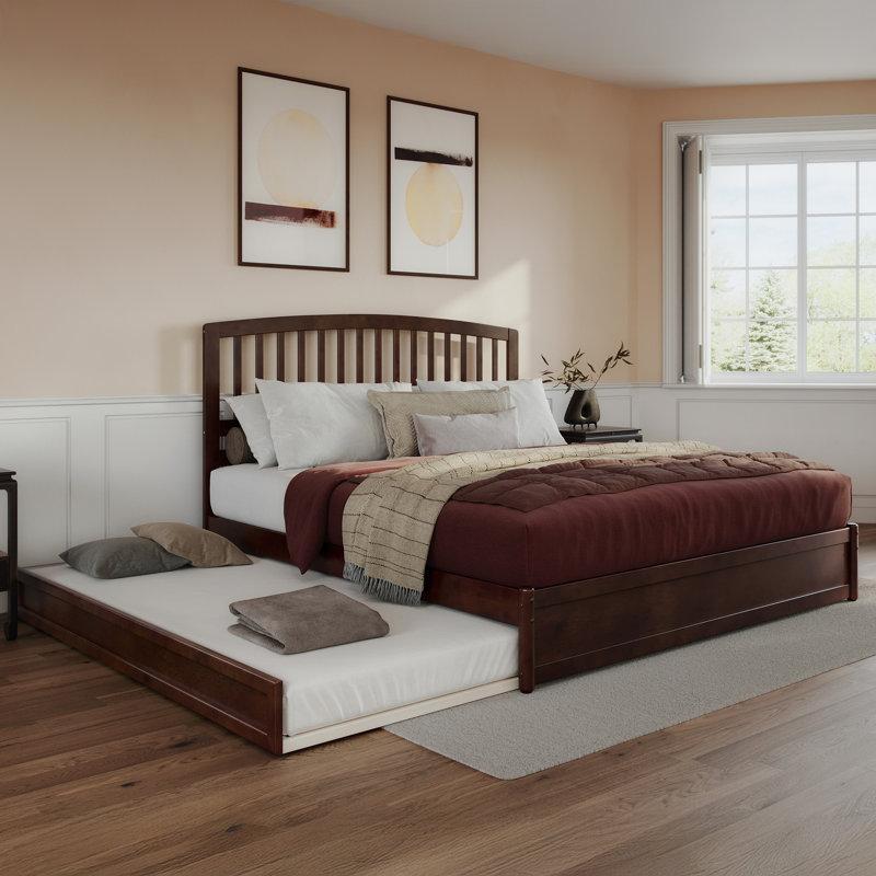 Lamari Solid Wood Platform Bed with Footboard & Roll Out Trundle Bed, King, Walnut