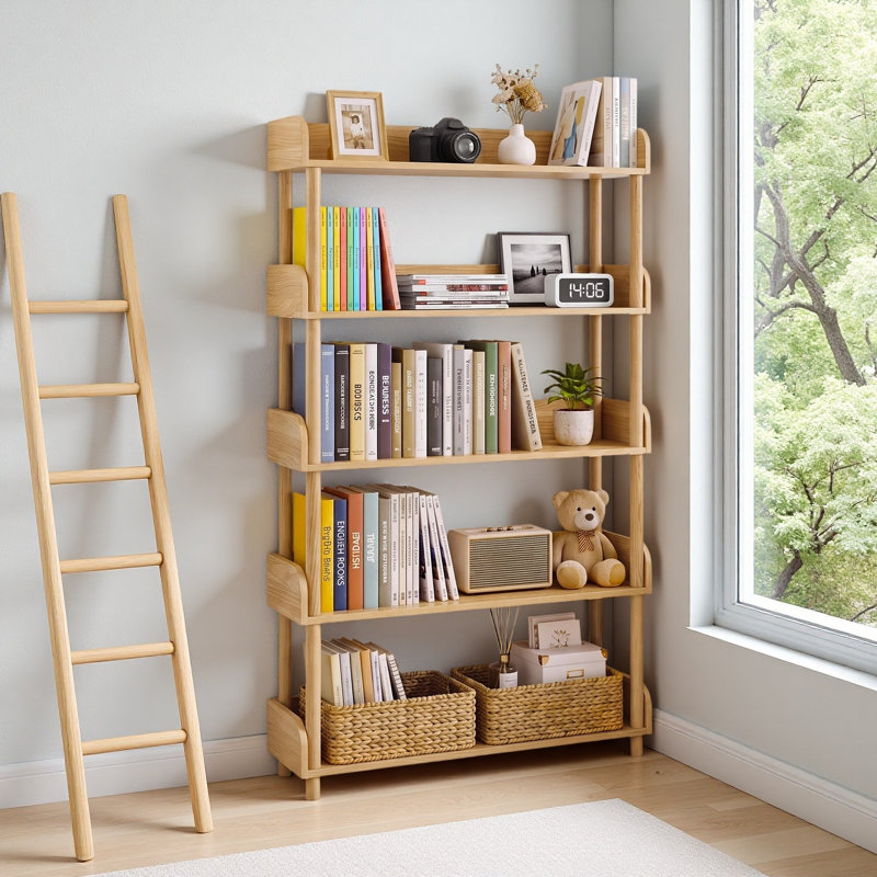 Bibliothèque à 5 niveaux en bois, bibliothèque autoportante avec tablettes de rangement ouvertes et pieds en bois massif, bibliothèque moderne pour le bureau à domicile, le salon