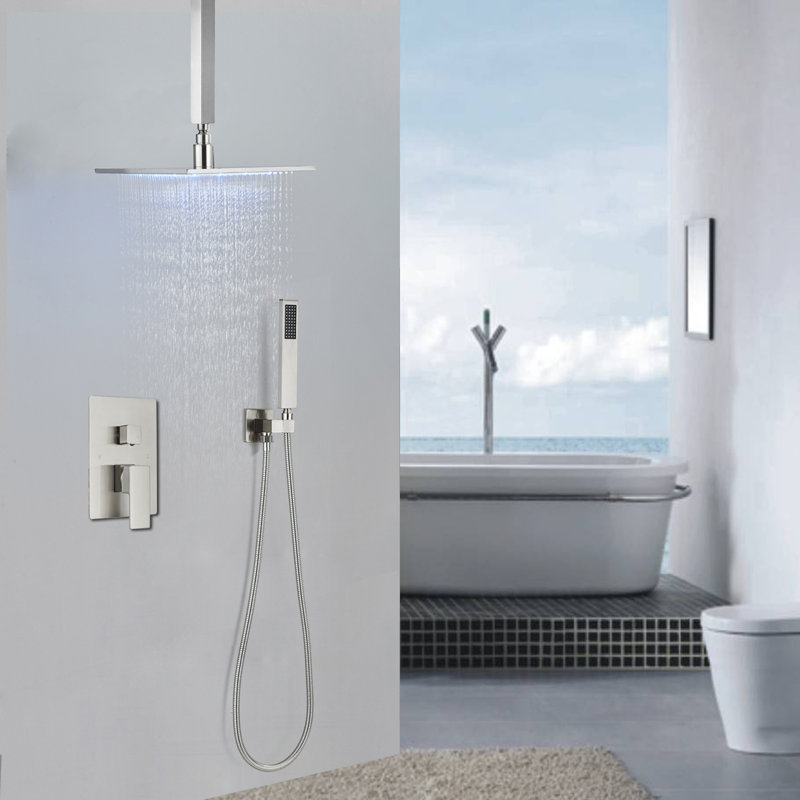 Système de douche à DEL avec pomme de douche à effet de pluie 16 po avec valve brute et douche à main