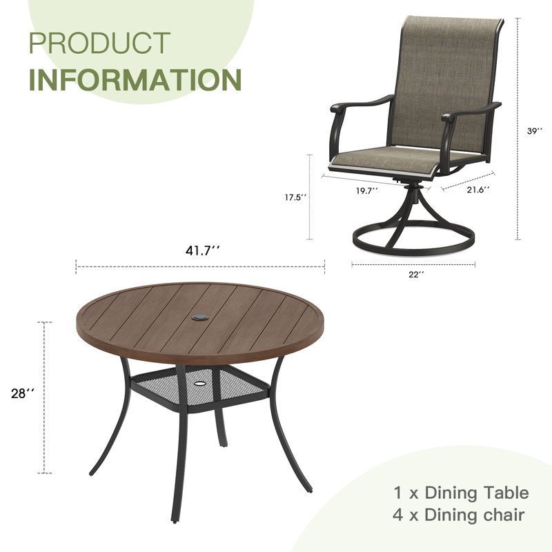5 Pieces Patio Round Table Outdoor Dining Set With Swivel Chair, Walnut/Brown