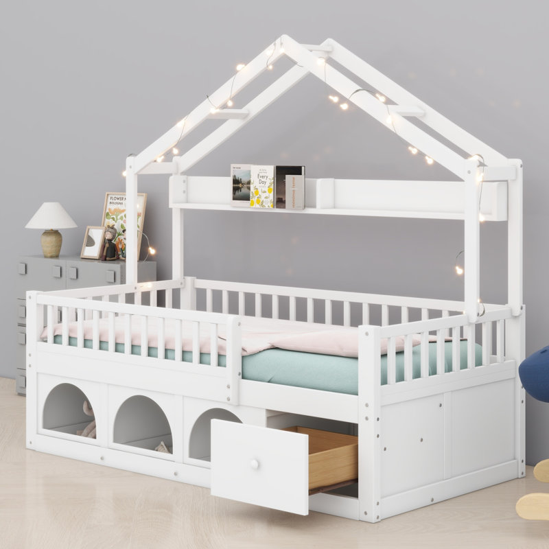 Lit bas Montessori, lumières DEL intégrées, garde-corps de sécurité, tiroirs de rangement et casier, Twin, White